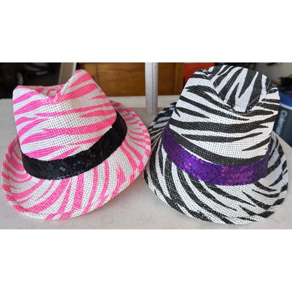 Women's Lot of 2 Hats Black & Pink Zebra Pattern w/Sequins by Midwood Brands Co - Picture 5 of 8